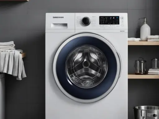 Nowa pralka Samsung z błędem SE. W łazience obok stoją czyste ręczniki i dozownik mydła.