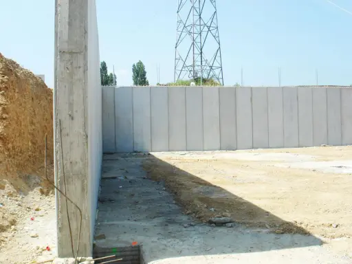 Construcción de muros de contención de hormigón prefabricados, con una torre de alta tensión al fondo.