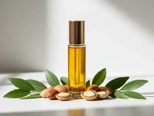 Flacon d'huile d'argan visage doré, entouré de noix d'argan et de feuilles vertes. Un élixir naturel pour sublimer votre peau.