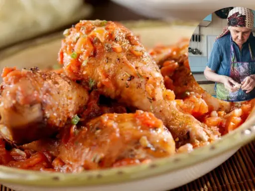 Sabrosa receta de pollo en salsa, preparado por una abuela en su cocina.