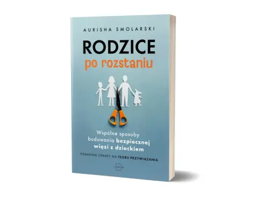 Okładka książki "Rodzice po rozstaniu" z sylwetkami rodziny i nożyczkami. Poradnik dla rodziców, w tym dla macochy z pasierbem, jak budować więzi.
