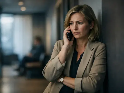 Zmartwiona kobieta rozmawia przez telefon, martwiąc się o odsetki ustawowe.