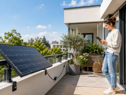 Une femme consulte sa tablette sur un balcon, à côté d'un panneau solaire plug and play installé sur la rambarde.