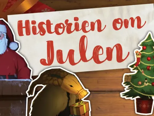Jultomten tittar fram ur en skorsten. Texten "Historien om Julen" och en julgran med presenter. Fakta om jultomten.