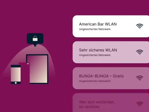 Benachrichtigungen für WLAN-Netzwerke: "American Bar WLAN", "Sehr sicheres WLAN", "BUNGA-BUNGA – Gratis" und "Wer sich verbindet, ist verloren".