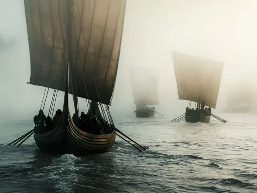 Vikingaskepp i dimma, en påminnelse om spännande fakta om vikingatiden och deras resor över havet.