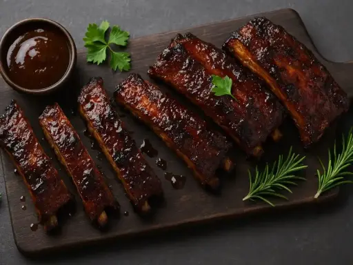 Délicieux ribs de porc laqués, servis sur une planche en bois avec une sauce barbecue et des herbes fraîches.