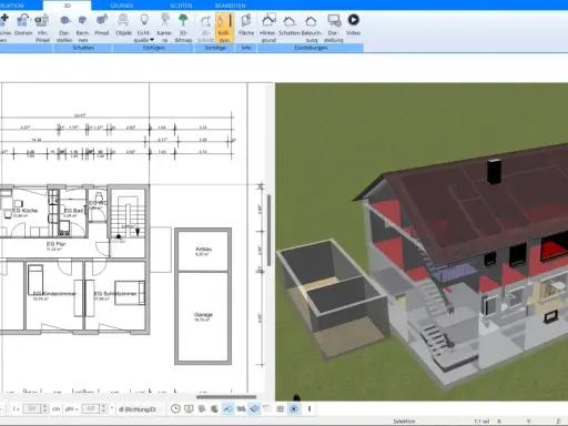 3D-Modell eines Hauses mit Grundriss. Ein Anbau und eine Garage sind sichtbar. Der 3m grenzabstand nicht eingehalten.
