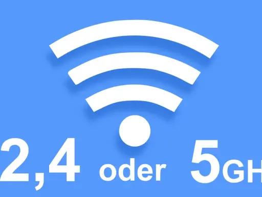 WLAN-Symbol mit der Frage: 2,4 GHz oder 5 GHz? Schnelles Internet für zuhause.