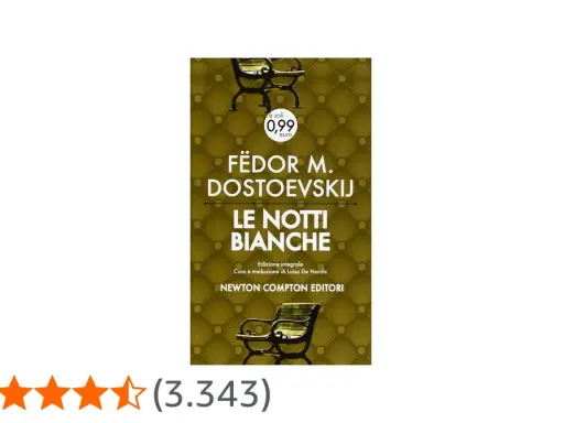 Copertina del libro "Le Notti Bianche" di Fëdor M. Dostoevskij, con un prezzo speciale e un'illustrazione di panchine.