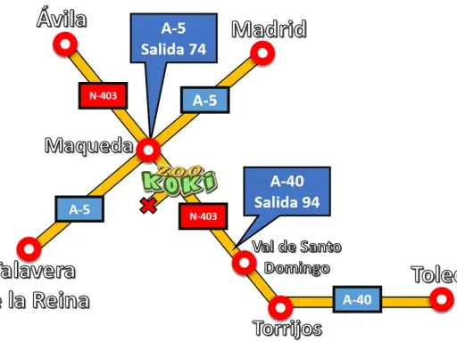 Mapa de carreteras con el zoo Koki en Maqueda, indicando rutas desde Ávila, Madrid, Talavera de la Reina y Toledo.