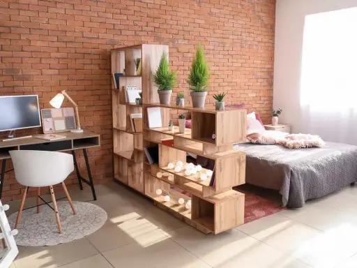 Étagère modulable pour séparer une pièce en deux sans travaux. Elle crée un espace bureau et un coin nuit cosy.