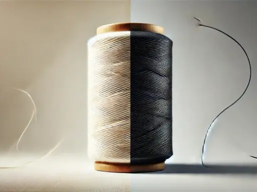 En rulle tråd, halvt ljus bomull, halvt mörk. Lätta trådar dansar i luften, som om de fångar **drops cotton light**.