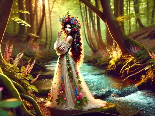 Eine Nymphe, die die Bedeutung von Natur und Schönheit verkörpert, steht in einem blumenbedeckten Kleid an einem Bach im Wald.