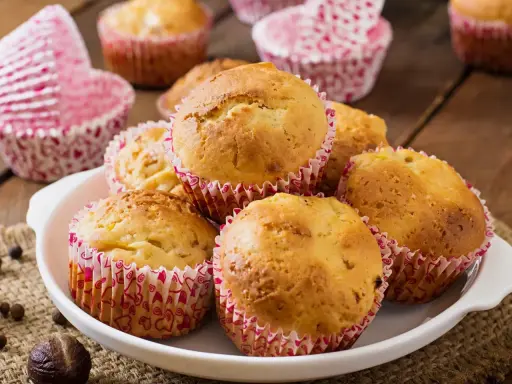 Pyszne muffinki z rabarbarem, pachnące wiosną, w papierowych foremkach z serduszkami.