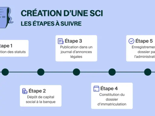 Schéma illustrant les étapes de création d'une SCI : rédaction des statuts, dépôt de capital, publication, constitution du dossier et enregistrement.