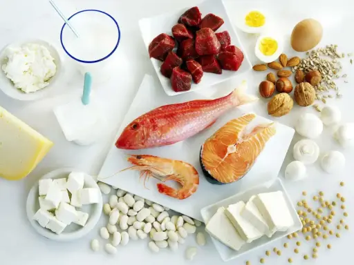 Variedad de alimentos ricos en proteínas: carne, pescado, marisco, huevos, lácteos, legumbres, frutos secos y tofu, fuentes de los 20 aminoácidos esenciales.