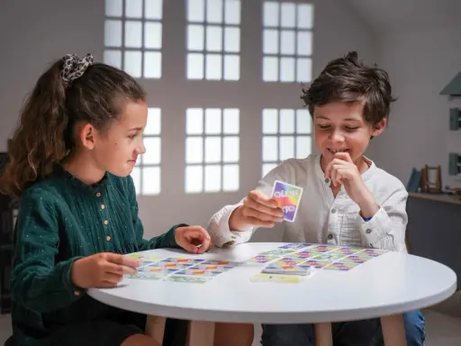 Deux enfants jouent à un jeu de cartes coloré, une belle illustration d'activités sans écran pour adultes et enfants.