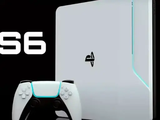 Consola PlayStation 6 blanca con mando y logo de PlayStation.