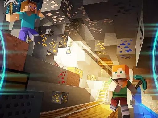 Steve i Alex w kopalni, otoczeni przez rudy i skrzynie, przygotowują się do przygody z modami na serwer Minecraft.