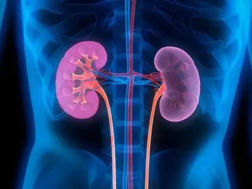 Anatomia nerek z widocznymi naczyniami krwionośnymi. Grafika może być pomocna w zrozumieniu, jak rak nerki wpływa na rokowania pacjenta.