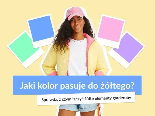 Uśmiechnięta dziewczyna w żółtej kurtce i różowej czapce. Obok kolorowe kwadraty. Jaki kolor pasuje do złotego? Sprawdź, z czym łączyć żółte elementy garderoby.