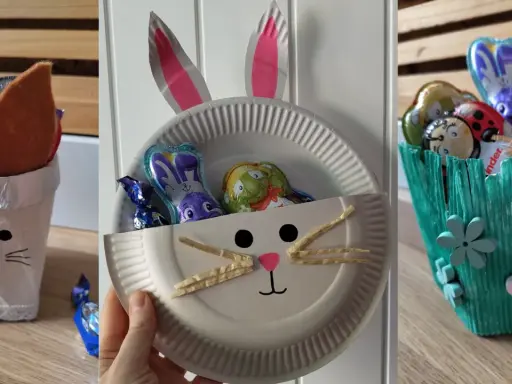Schnelles Ostern basteln: Drei süße Osterkörbchen aus Papptellern und Stoffresten, gefüllt mit Schokoladenhasen und -eiern.