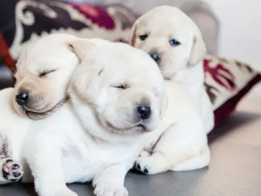 Słodkie szczenięta labradora śpią wtulone w siebie. Ciekawe, do jakiego wieku rośnie pies, gdy jest tak malutki i uroczy.
