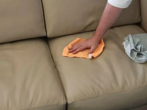 Mano che pulisce un divano in ecopelle beige con un panno arancione. Un altro panno grigio è appoggiato sul divano.