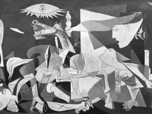 Picasso's Guernica, a powerful and controversial art piece, depicts the horrors of war with a bull, a screaming horse, and anguished figures.