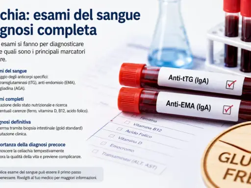 Esami del sangue per la diagnosi celiachia: provette con Anti-tTG e Anti-EMA, foglio con analisi e simbolo Gluten Free.