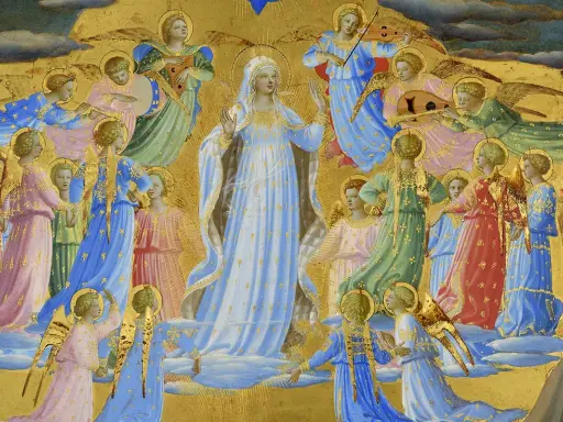 Tableau assomption de la vierge. La Vierge Marie, entourée d'anges musiciens, s'élève vers le ciel dans une gloire dorée.