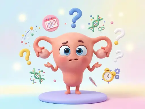 Útero de dibujos animados con expresión de confusión, rodeado de signos de interrogación, un calendario, ADN y un termómetro. ¿Cuánto puede retrasarse la regla?