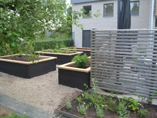 Snygga svarta odlingslådor med träkant ger inspiration för en modern trädgård. Planteringar med grönska och en träskärm.