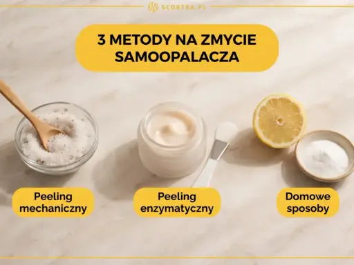 3 metody na zmycie samoopalacza: peeling mechaniczny (sól), enzymatyczny (krem) i domowe sposoby (cytryna, soda).