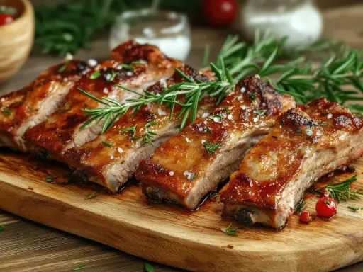Costillas de cerdo jugosas y glaseadas, adornadas con romero fresco y sal gruesa, servidas en tabla de madera.