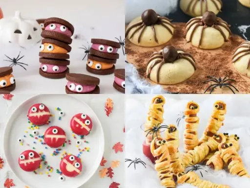 Galletas de monstruo, arañas y momias: ¡faciles comida Halloween niños! Perfectas para una fiesta espeluznante.