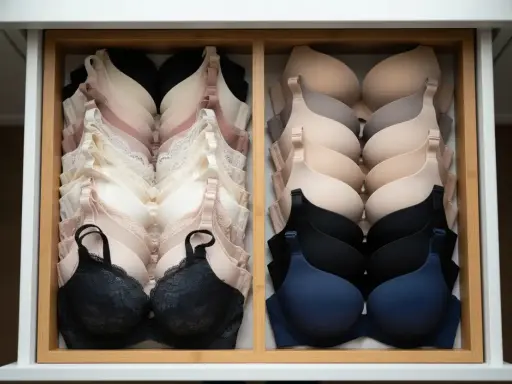 Un cassetto ordinato con reggiseni coppe preformate in varie tonalità neutre e scure. Il loro significato è offrire supporto e forma.