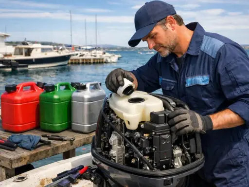 Mécanicien remplissant un moteur hors-bord avec de l'essence 95 ou 98. Bidons de carburant rouges, verts et argentés à proximité.