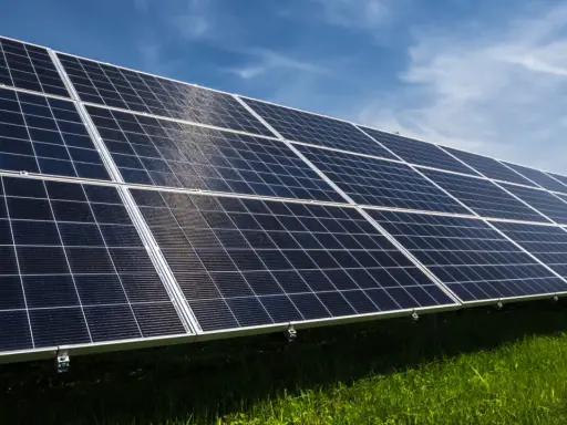 Reihen von Solarmodulen auf einer grünen Wiese unter blauem Himmel. Erneuerbare Energie durch Solarenergie.