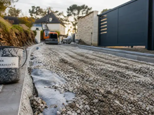 Un seau étiqueté "Allée carrossable" attend sur le chantier. Le gravier est prêt pour la construction de la nouvelle voie d'accès.
