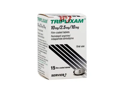 Opakowanie leku Triplixam 10 mg/2,5 mg/10 mg z tabletkami powlekanymi.