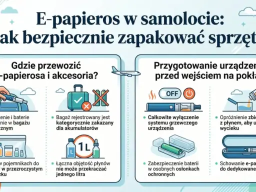 Czy można wziąć e papierosa do samolotu? Tak, ale z zasadami. Urządzenie i płyny do 100 ml w bagażu podręcznym, baterie zabezpieczone.