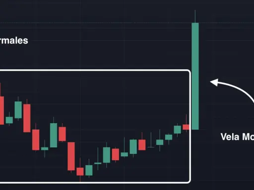 Gráfico de velas mostrando "Velas Normales" y una "Vela Momentum" que indica un fuerte impulso en el trading.