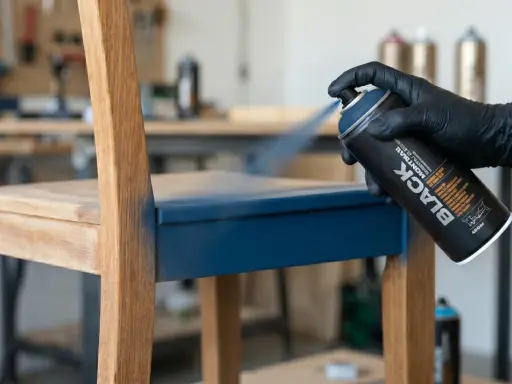 Main d'une personne portant un gant noir, peignant du mélaminé bleu sur un siège de chaise en bois avec une bombe de peinture noire.