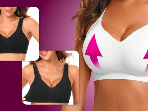 Un reggiseno disegno con pizzo nero, mostrato in due inquadrature, e un reggiseno bianco con frecce rosa che indicano un effetto push-up.