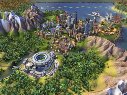 Rozbudowana metropolia z nowoczesnymi budynkami, stadionem i portem. Idealne miejsce na rozpoczęcie gry w Civilization VI poradnik.