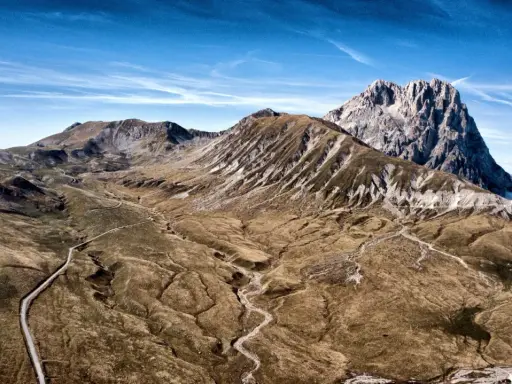 Vasto panorama del **campo imperatore gran sasso** con strade tortuose che si snodano tra montagne brulle e un cielo azzurro intenso.