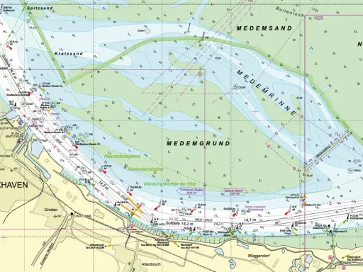 Seekarte der Nordsee und Ostsee mit Cuxhaven, Elbmündung und Wattgebieten. Navigation für Schiffe.