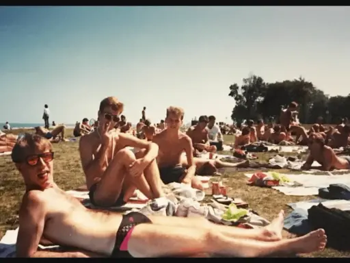 A group of men relax on the grass at a gay beach in Chicago.